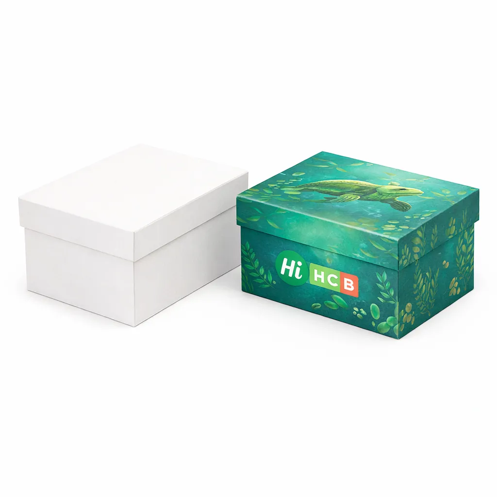 Two tall rectangular product boxes, one blank white and one printed with custom turtle graphics. class=